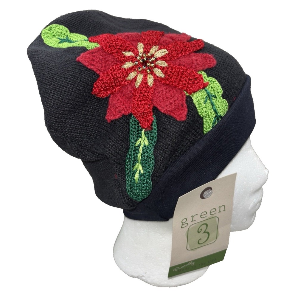 NEW Green 3 Poinsettia Knit Beanie Hat One Size Vintage Fabrics Christmas Winter